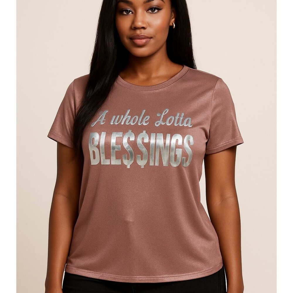 NWT Metallic Shimmer Tee A WHOLE LOTTA BLE$$INGS Dusty Rose Size 1X